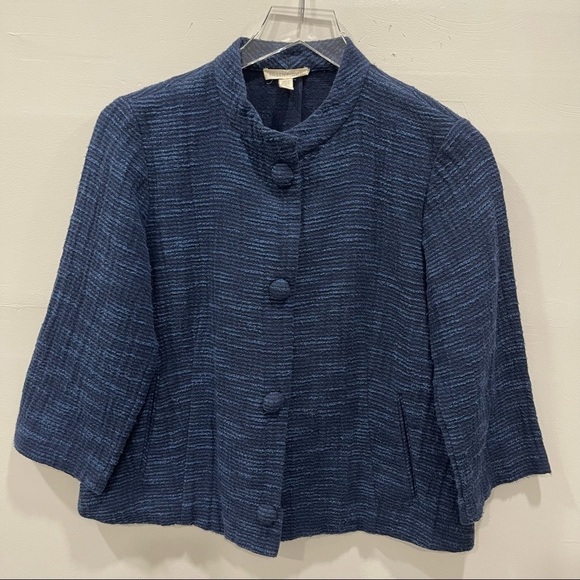 Eileen Fisher Boxy Mandarin Collar Cotton Navy Jacket Small - Picture 1 of 7